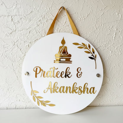 round acrylic couple name plate with buddha design personalized home door signage