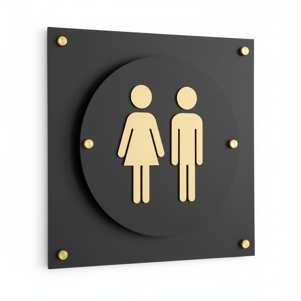 Round restroom sign with gold men and women icons on black background
