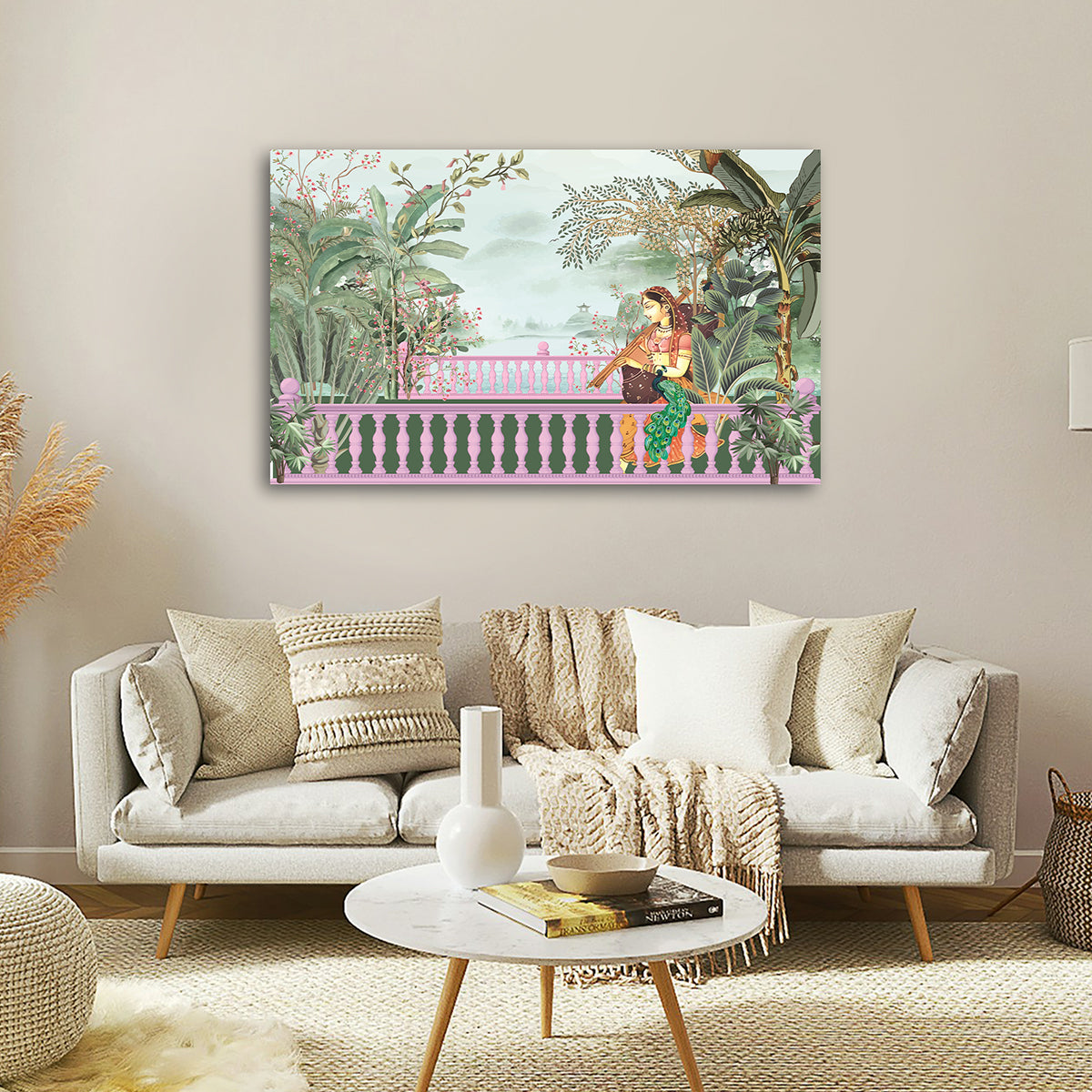 mughal style lady with peacock balcony scene canvas wall painting indian traditional decor