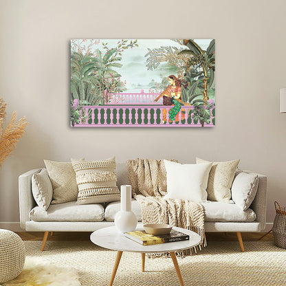 mughal style lady with peacock balcony scene canvas wall painting indian traditional decor