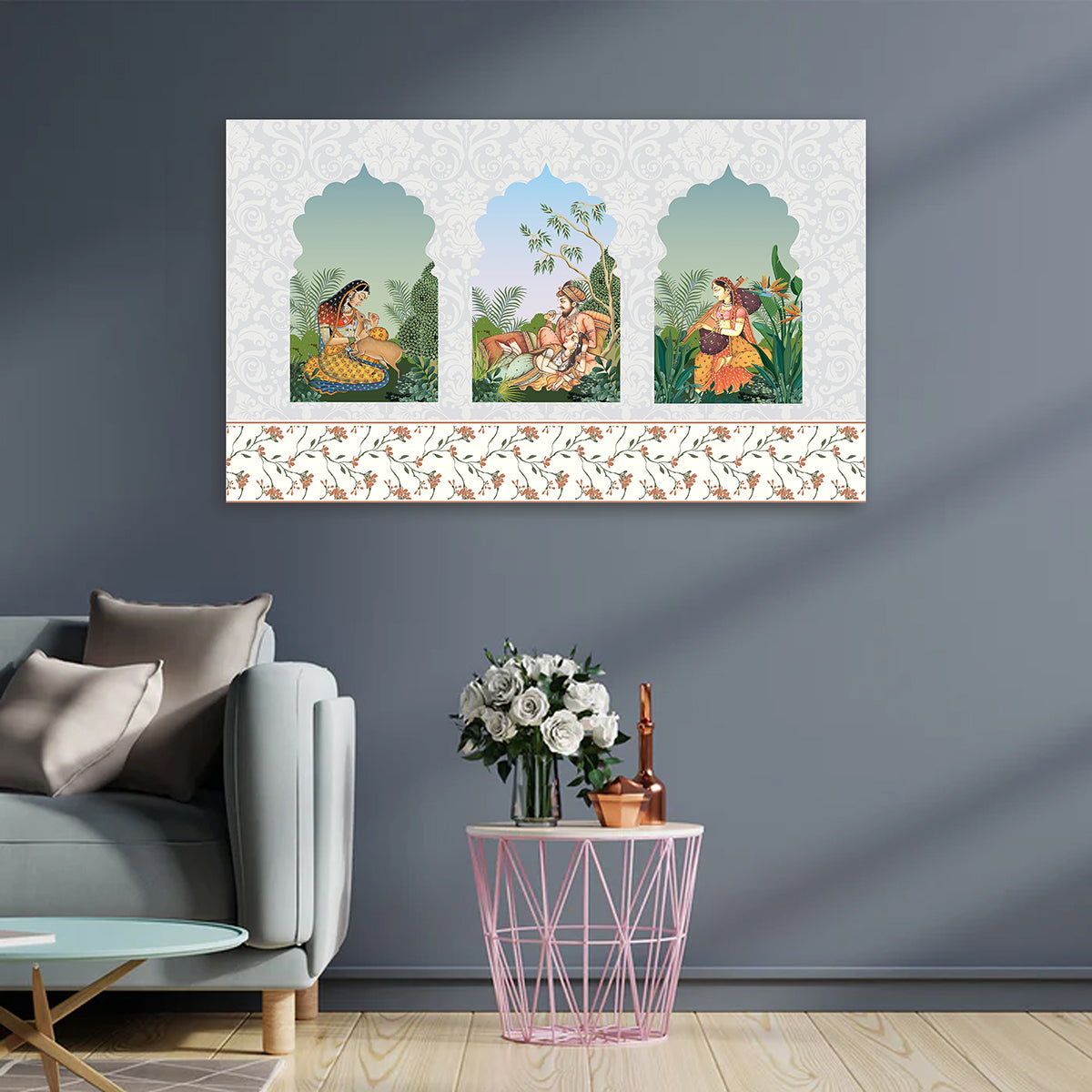 mughal miniature painting canvas royal court scene indian traditional wall decor