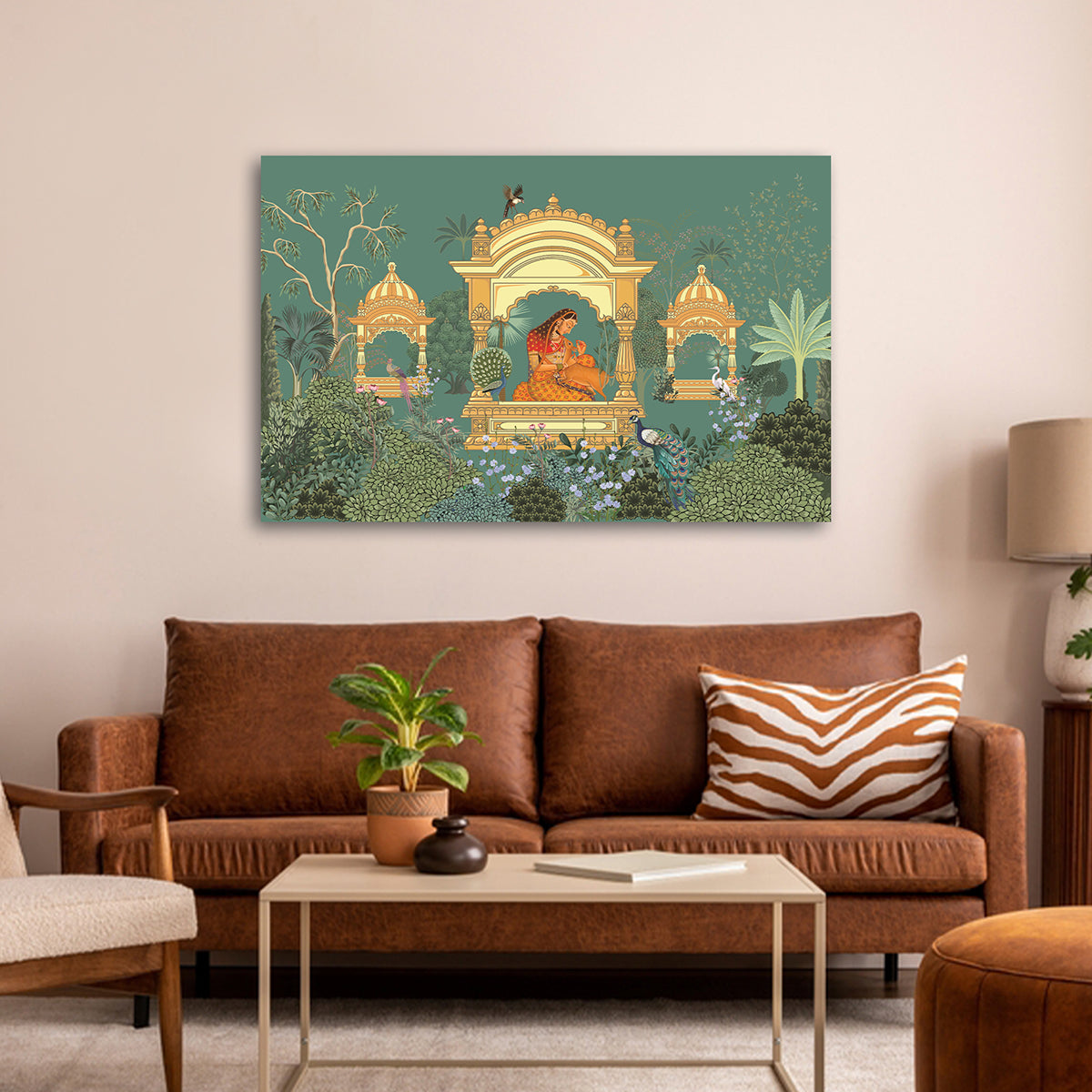 mughal garden pavilion painting woman peacock canvas wall art indian heritage decor