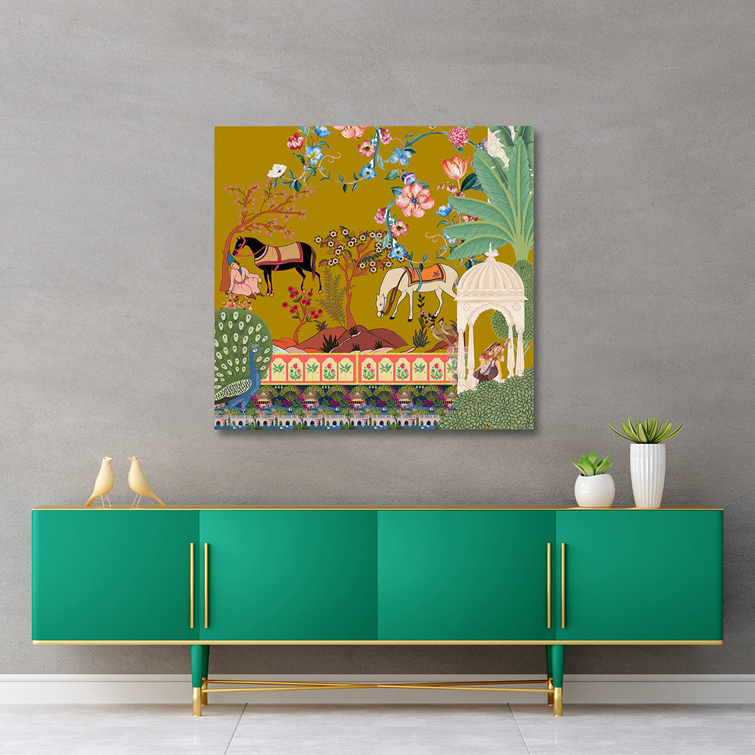 royal garden scene canvas wall painting indian miniature horse artwork traditional ethnic decor
