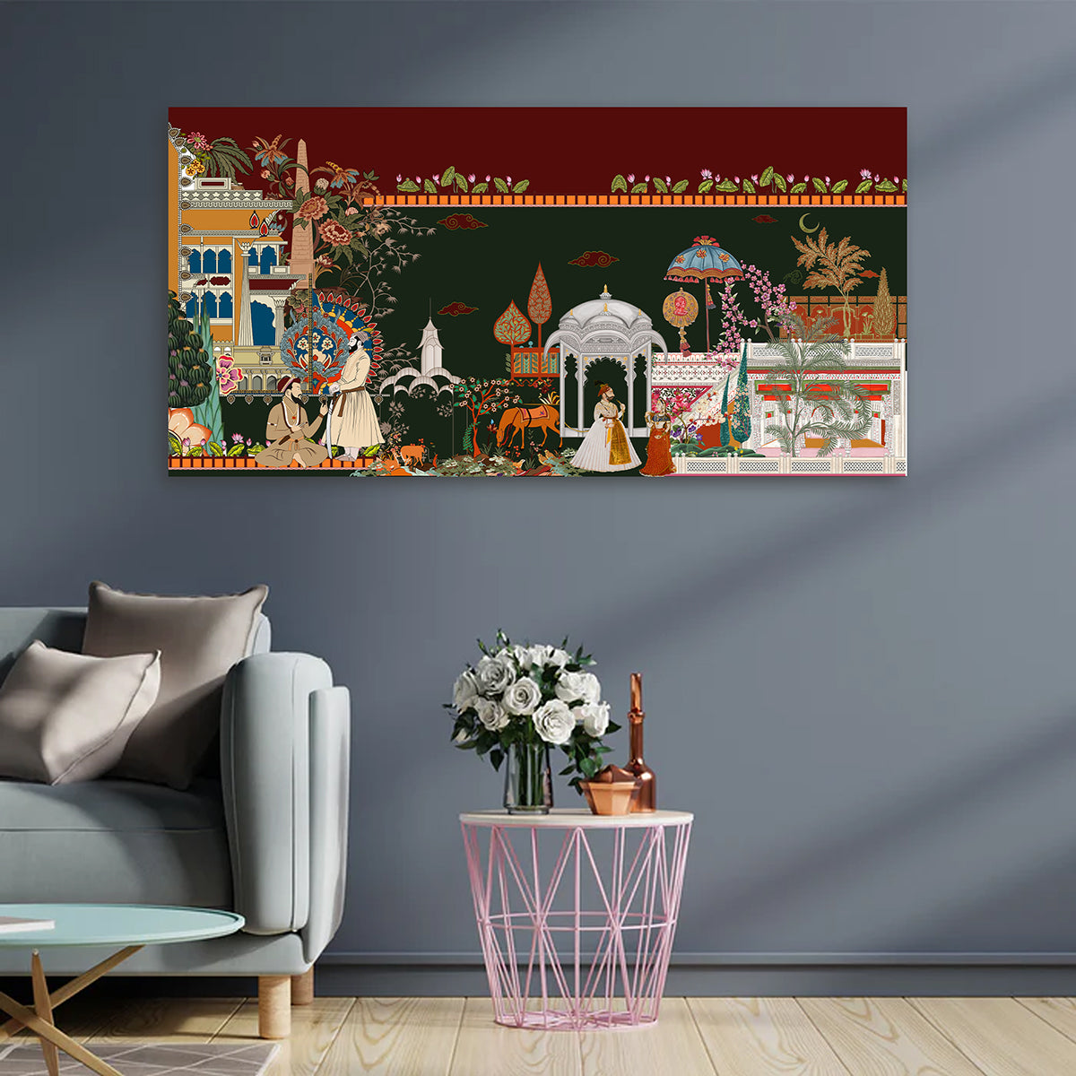 royal mughal court scene canvas wall painting traditional indian miniature artwork heritage decor