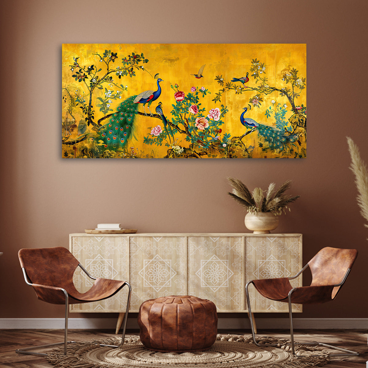 royal peacock garden canvas wall painting golden floral bird artwork luxury wall decor