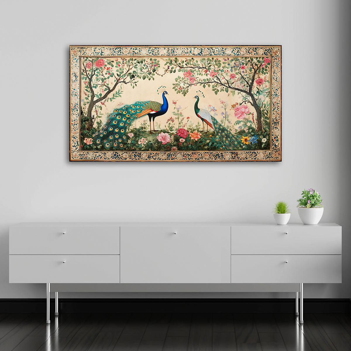 royal peacock pair mughal garden canvas wall painting floral bird artwork heritage wall decor