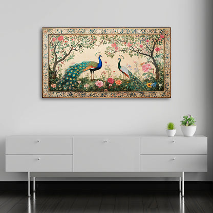 royal peacock pair mughal garden canvas wall painting floral bird artwork heritage wall decor