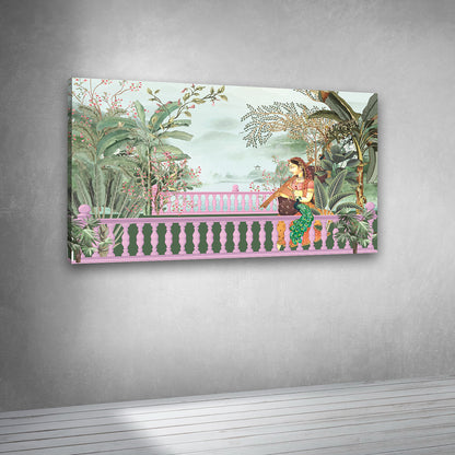 royal garden balcony artwork woman peacock indian miniature style wall art