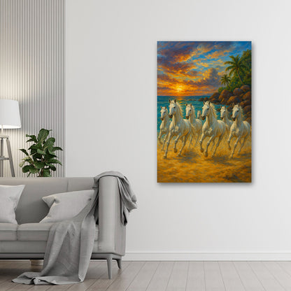 Running white horses wall painting sunset beach landscape canvas art for home decor