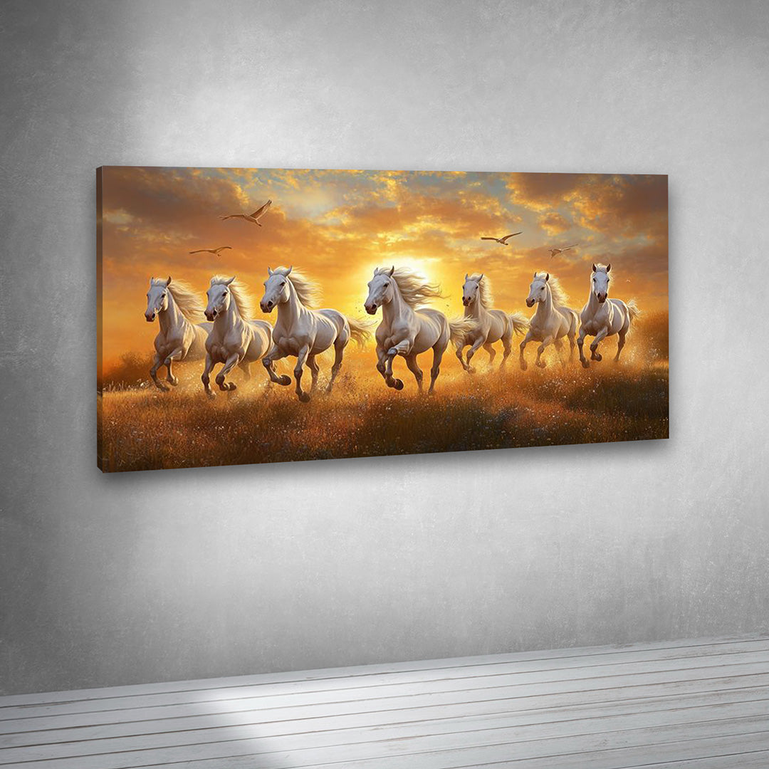 running white horses field sunset canvas wall art painting frame vastu decor