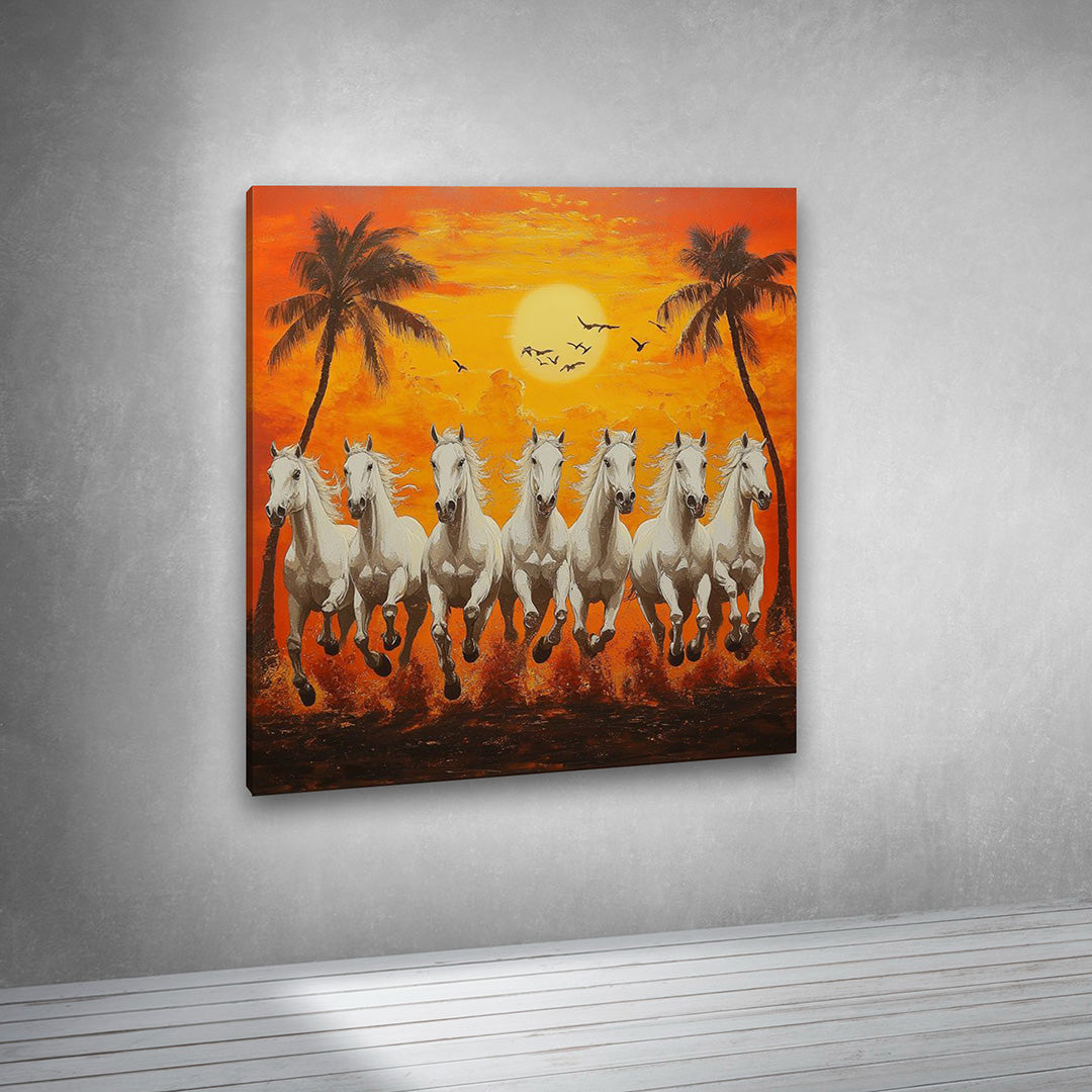 running white horses tropical sunset canvas wall art painting frame vastu decor