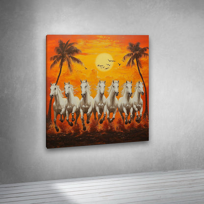 running white horses tropical sunset canvas wall art painting frame vastu decor