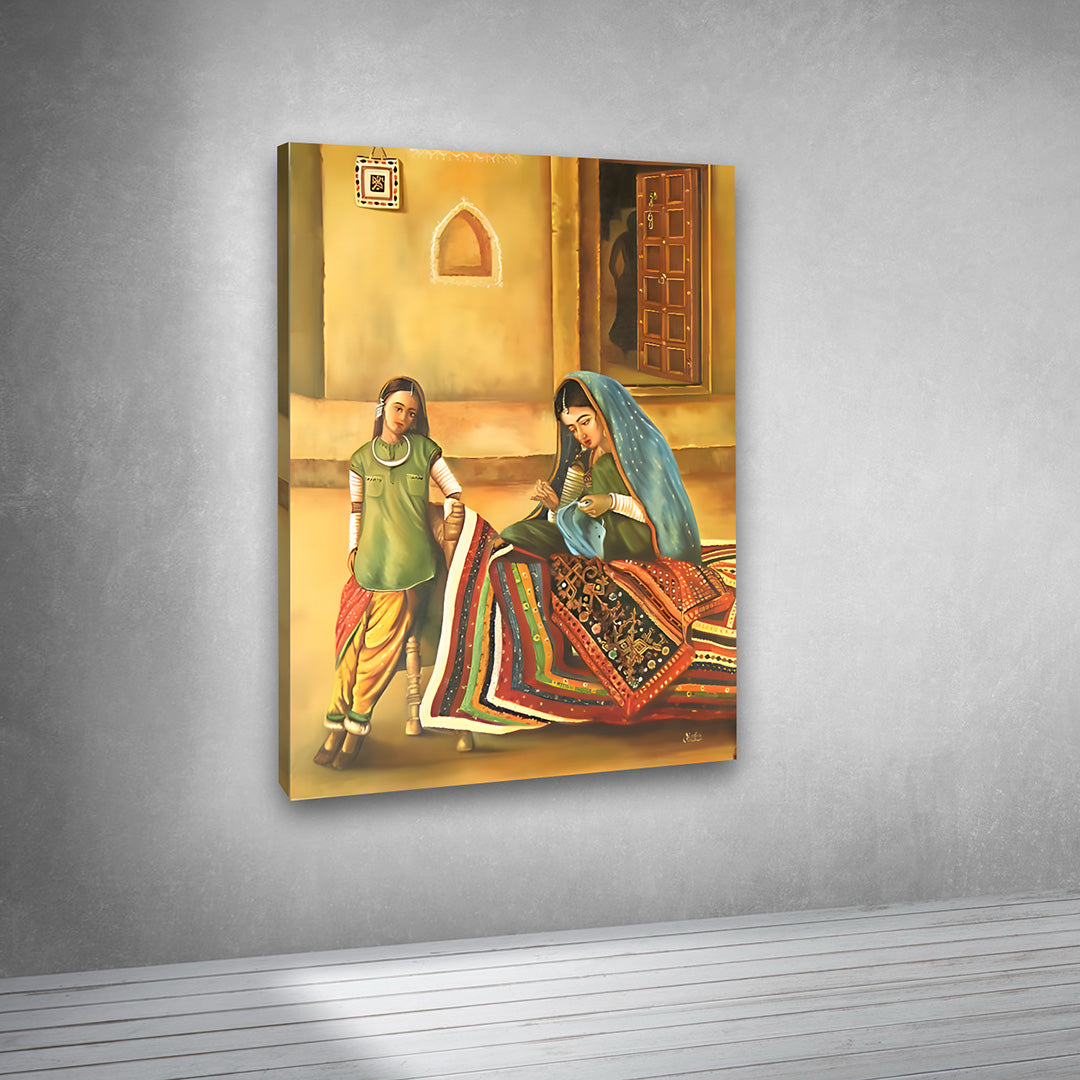 rural Indian home scene painting with woman and child cultural wall decor
