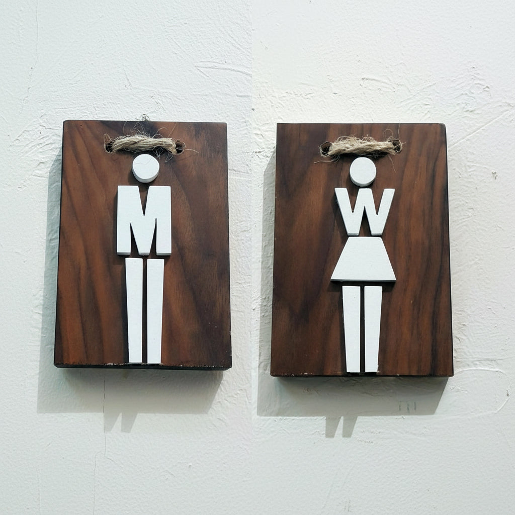 Rustic wooden men women restroom sign with hanging bathroom door plaque design.