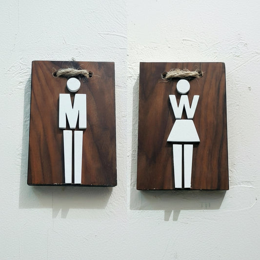 Rustic wooden men women restroom sign with hanging bathroom door plaque design.