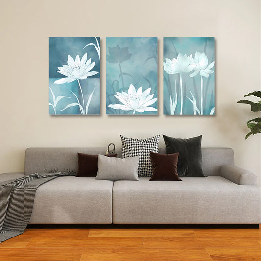 Serene lotus flower wall art set of 3 blue minimalist floral canvas painting for home decor
