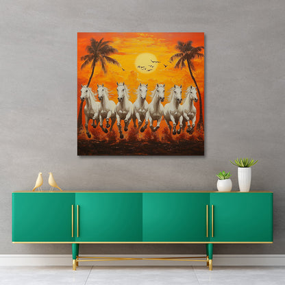 seven white horses sunset canvas painting frame with palm trees wall decor