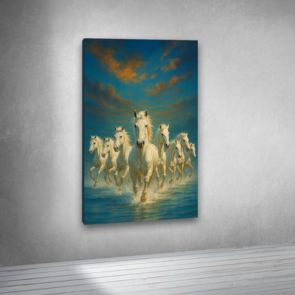 seven white horses canvas wall art painting frame modern home decor vastu painting