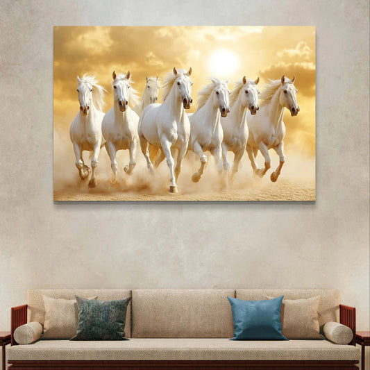 seven white running horses canvas painting with golden sunrise background vastu decor