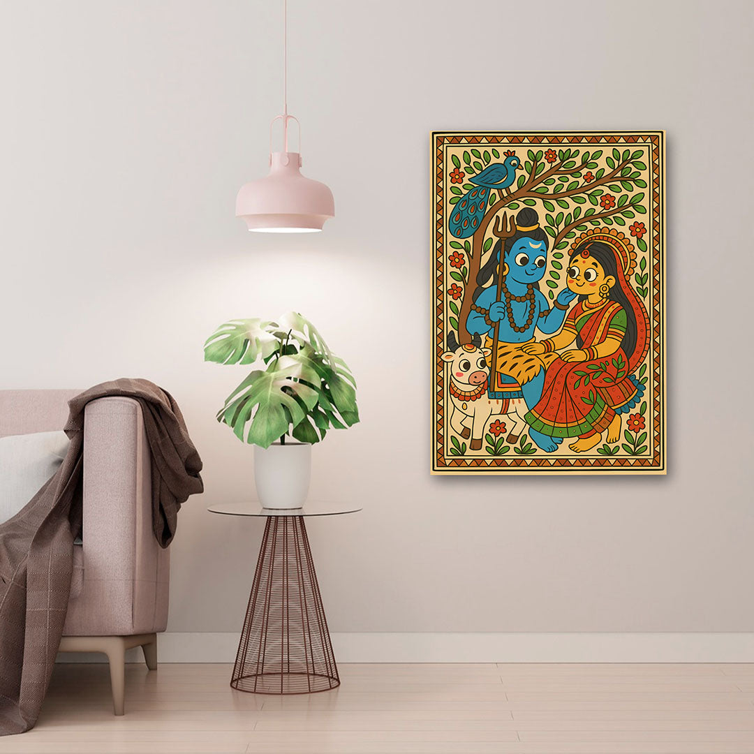 Shiv Parvati folk art canvas wall painting with Nandi and peacock
