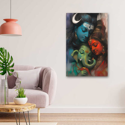 Shiv Parvati Ganesh family wall painting spiritual canvas art for home decor India