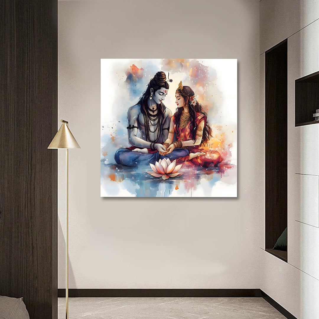 shiv parvati watercolor canvas painting frame minimal divine couple wall decor living room