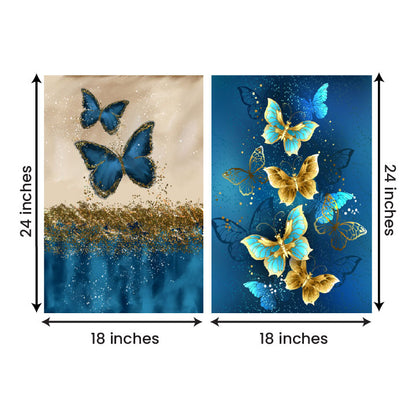 Blue Gold Butterfly Canvas Painting Set of 2 Modern Wall Art (18 x 24 Inches Each Part)