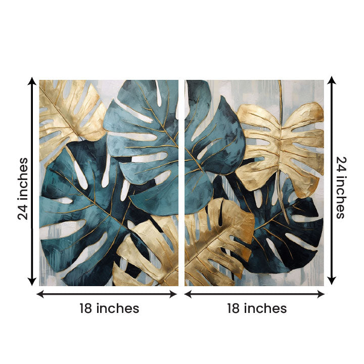 Monstera Leaf Canvas Wall Art 2 Panel Botanical Painting Decor (18 x 24 Inches Each Part)
