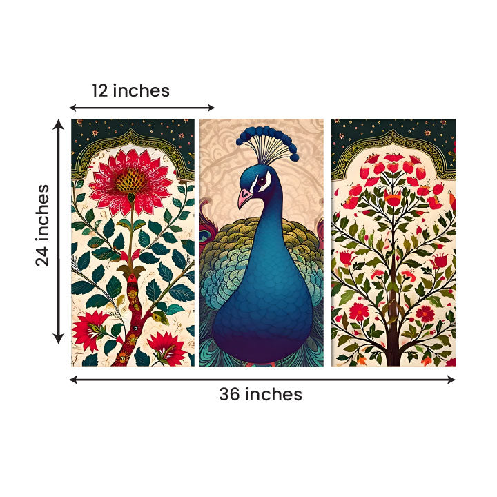 Three decorative panels with a peacock and floral designs, shown with measurements.