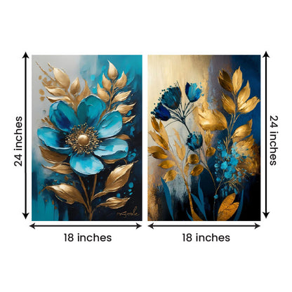 Teal Blue Gold Floral Canvas Painting Set of 2 Modern Wall Art (18 x 24 Inches Each Part)