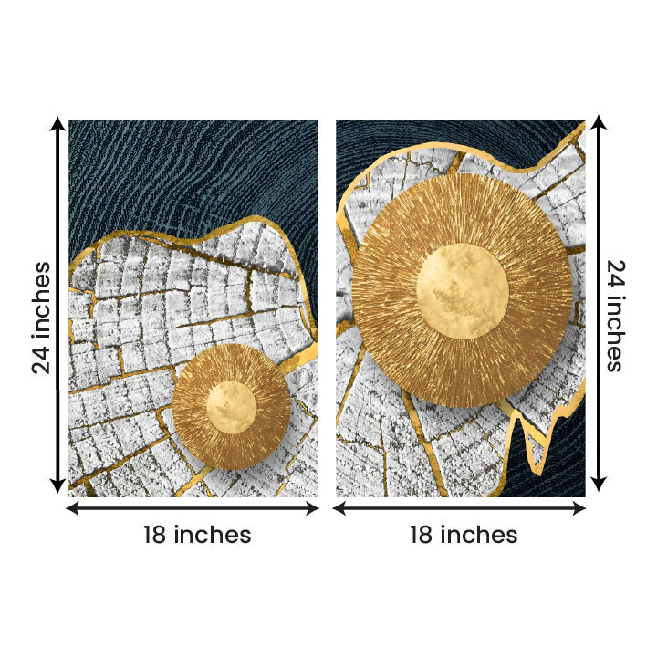Gold Sunburst Abstract Canvas Painting Set of 2 Modern Wall Art (18 x 24 Inches Each Part)