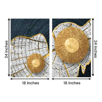 Gold Sunburst Abstract Canvas Painting Set of 2 Modern Wall Art (18 x 24 Inches Each Part)