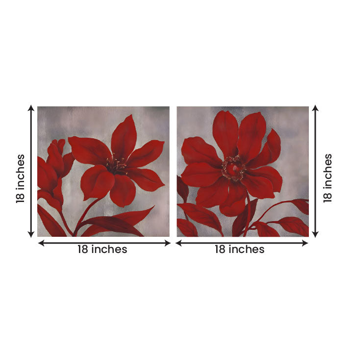 Abstract Red Floral Canvas Painting Wall Art Set – Large Size Frame for Living Room (18 x 18 Inches Each Part)