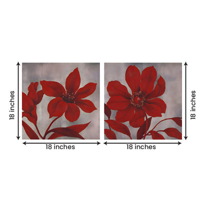 Abstract Red Floral Canvas Painting Wall Art Set – Large Size Frame for Living Room (18 x 18 Inches Each Part)