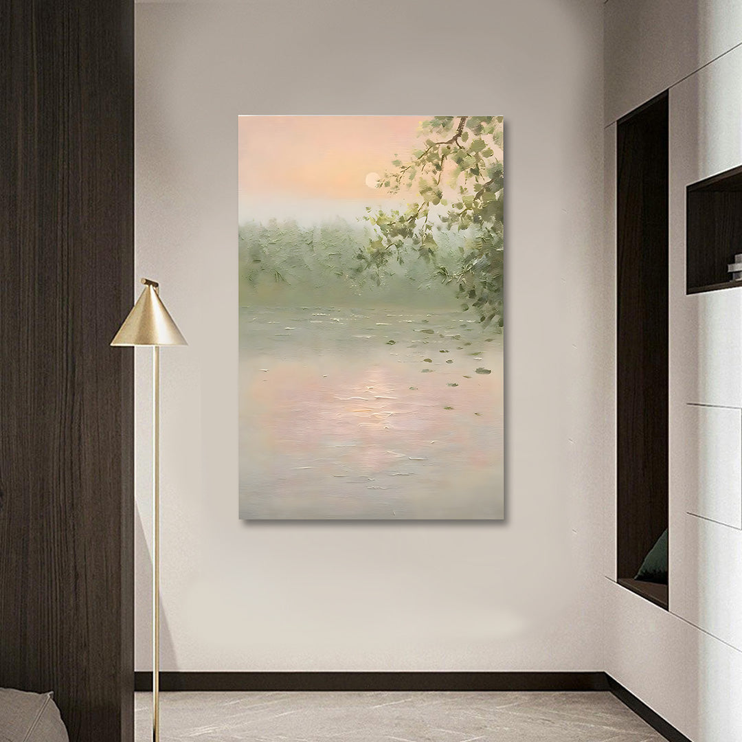 Soft pastel lake landscape wall painting minimalist nature canvas art for home decor

