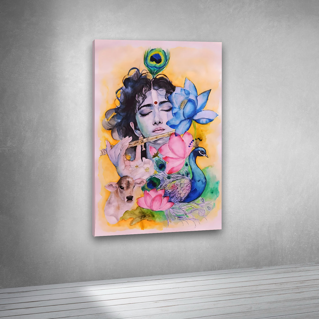 soft krishna portrait canvas wall art pastel colors large size spiritual painting frame home decor