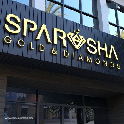 Sparsha Gold and Diamonds golden 3D acrylic LED sign board for jewellery shop exterior branding
