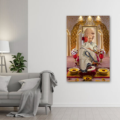 spiritual guru canvas painting with peacock design religious wall decor