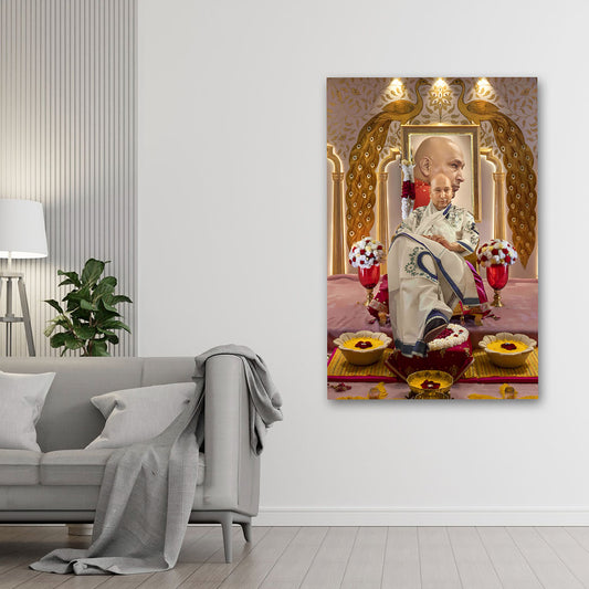 spiritual guru canvas painting with peacock design religious wall decor