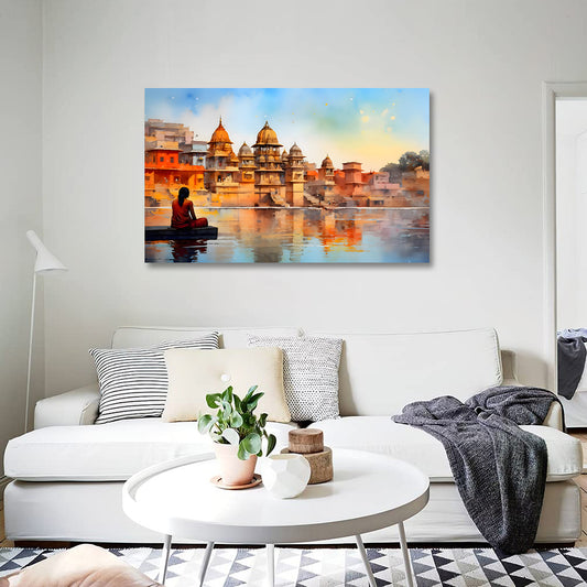 Spiritual riverfront temple canvas painting frame peaceful wall decor for living room