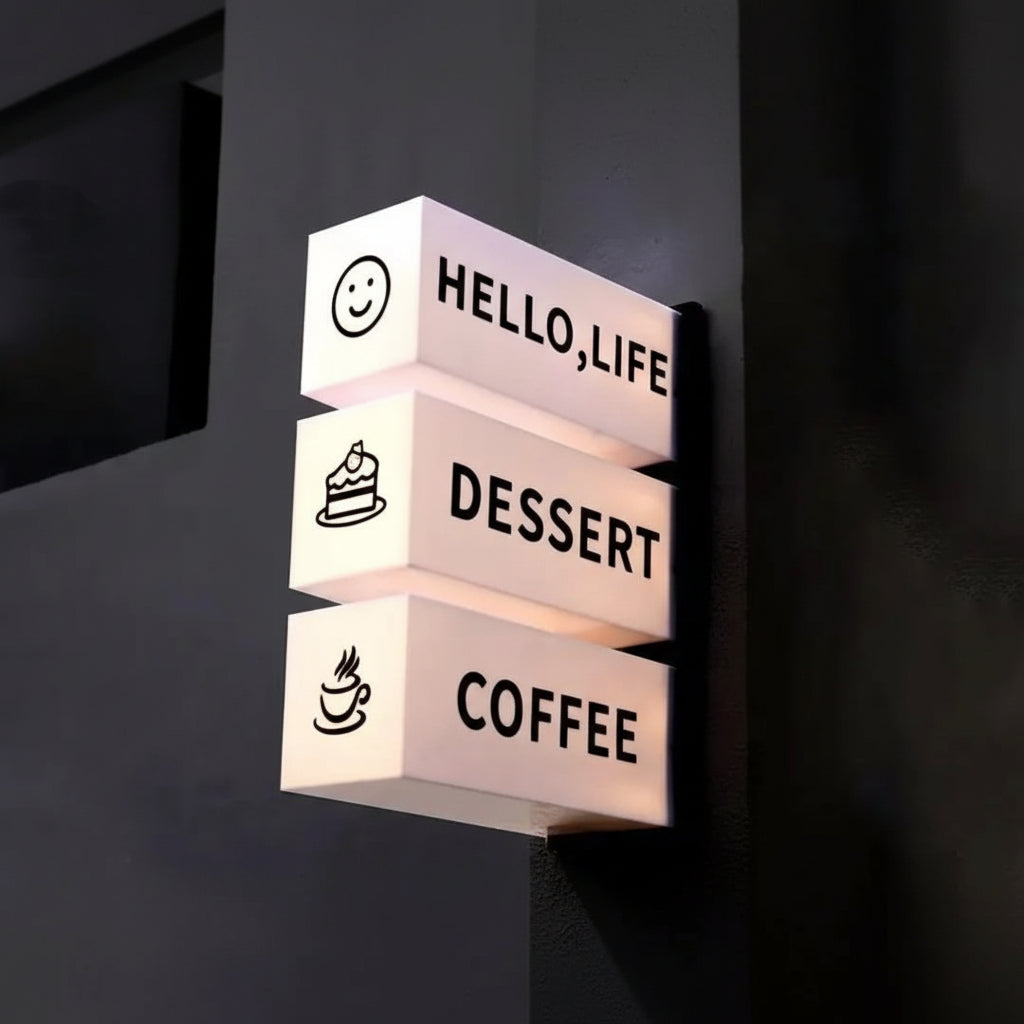 Stacked LED cafe light box sign with custom coffee and dessert storefront branding.