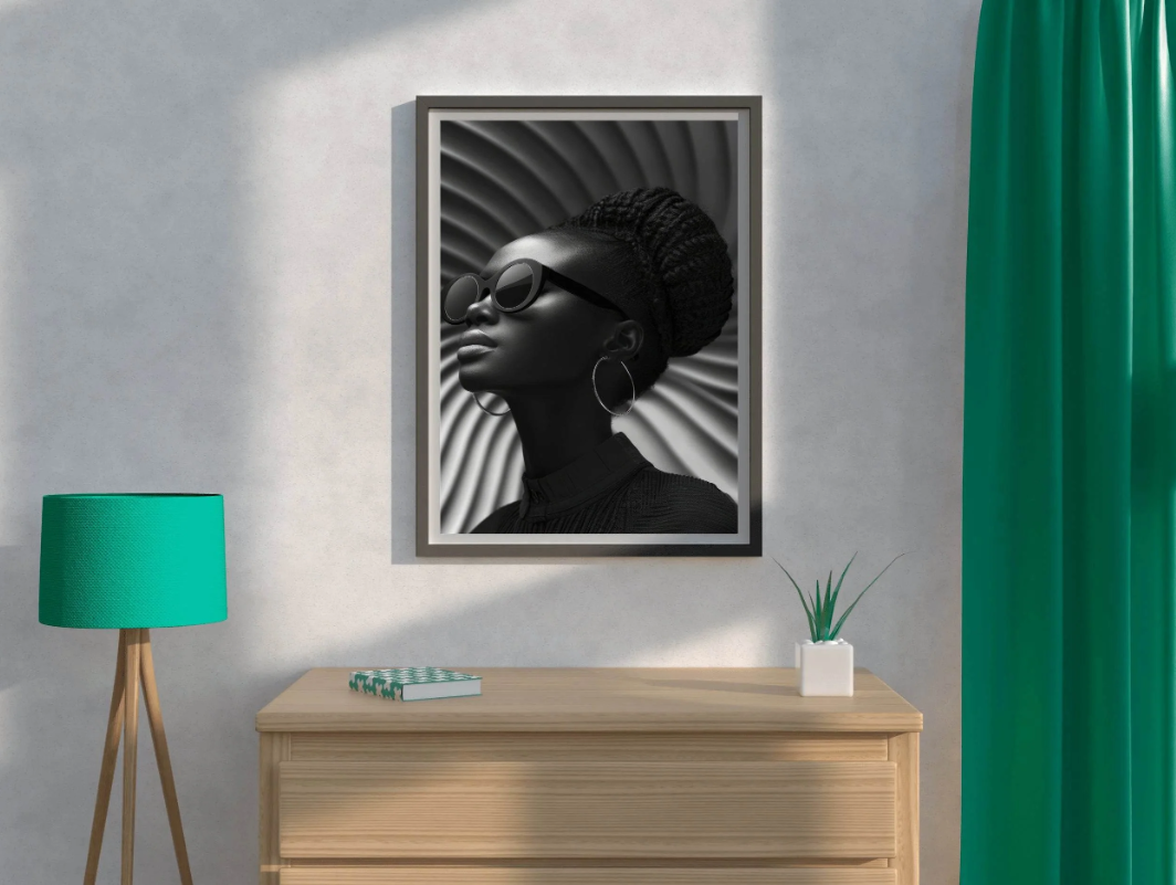 stylish black woman sunglasses canvas wall art painting frame luxury monochrome home decor