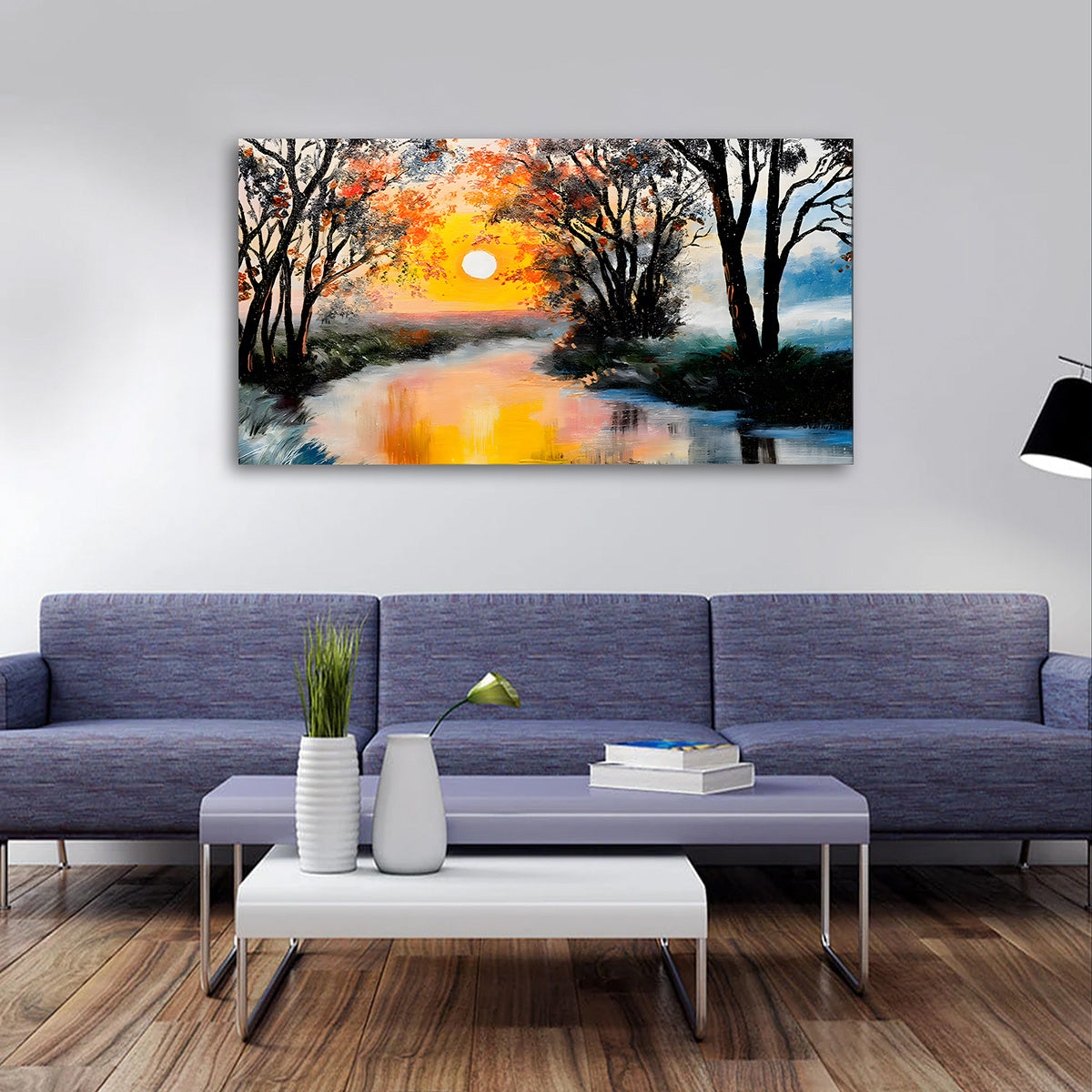 Sunset river landscape wall painting with trees reflection modern canvas art
