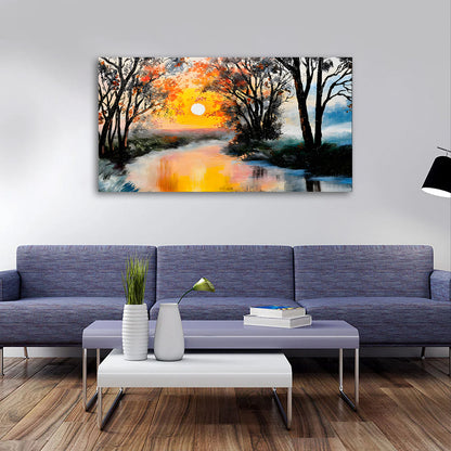 Sunset river landscape wall painting with trees reflection modern canvas art
