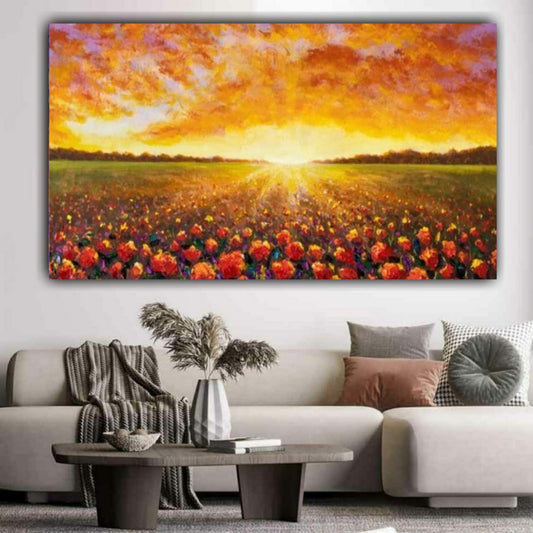 abstract nature wall art featuring glowing sunset over flower meadow