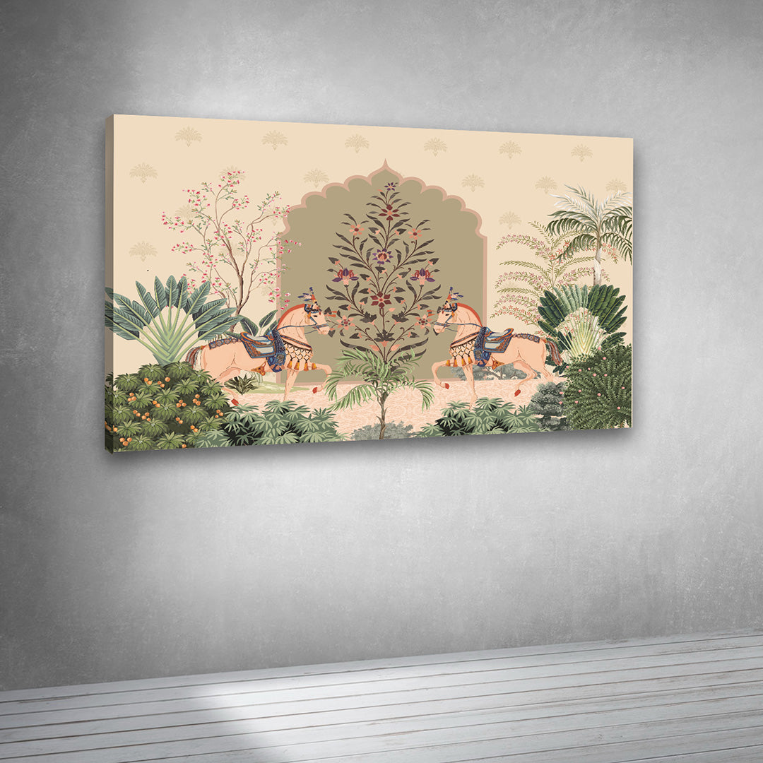 symmetrical horse painting with floral arch mughal style wall decor