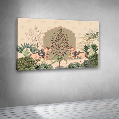 symmetrical horse painting with floral arch mughal style wall decor