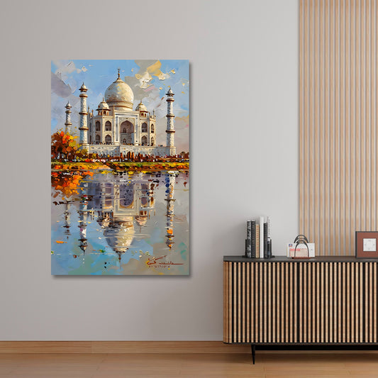 Taj Mahal canvas painting frame large size monument painting on canvas wall decor for living room with reflection artwork.