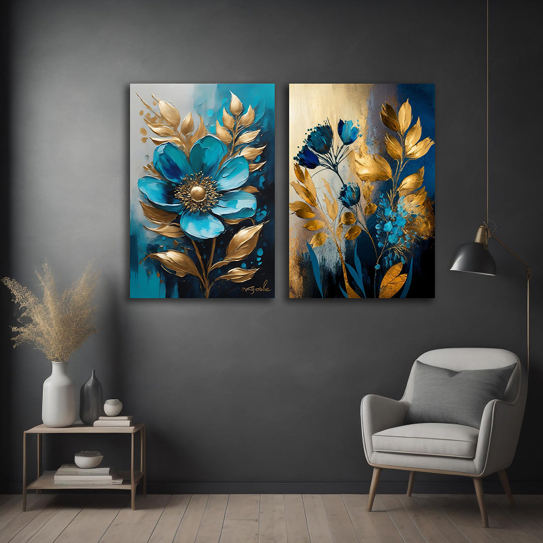 Teal blue gold floral canvas painting set of 2 modern abstract flower wall art for living room decor