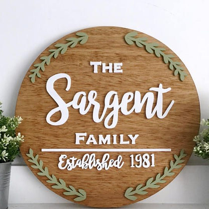 The Sargent Family wooden name sign round 3D home decor established date board